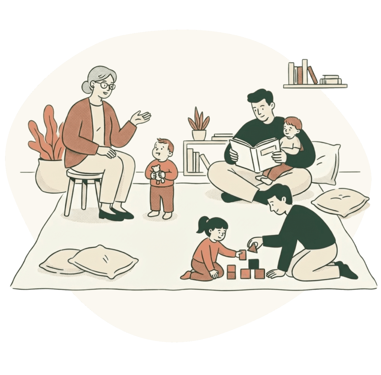 Illustration of a family at home: a grandmother seated on a stool talks with a toddler holding a soft toy, a parent reads a picture book to a child on their lap, and another parent kneels on a rug stacking blocks with a child