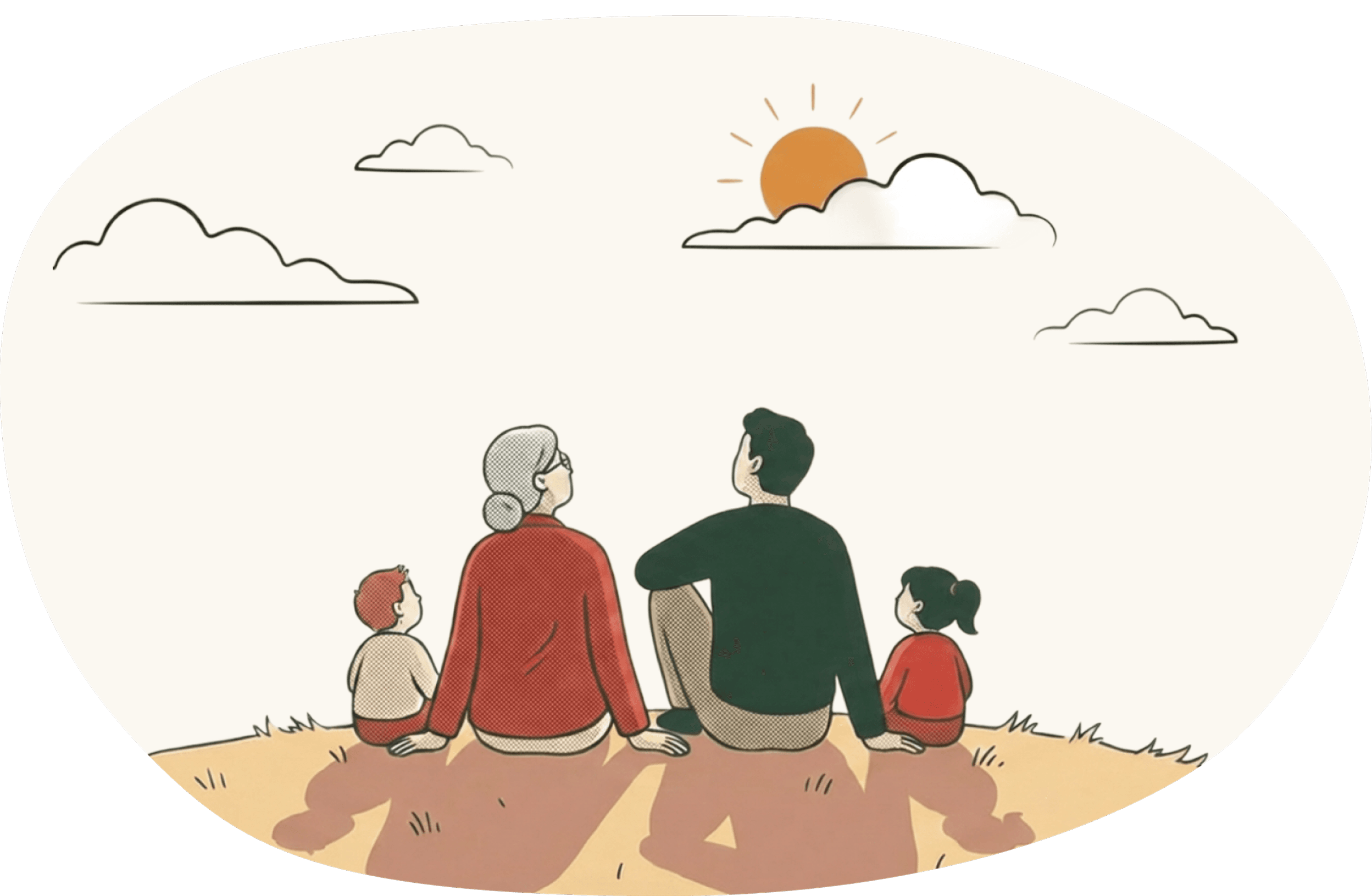 Illustration of a family — grandmother, two parents, and two children — sitting together watching the sun rise behind clouds
